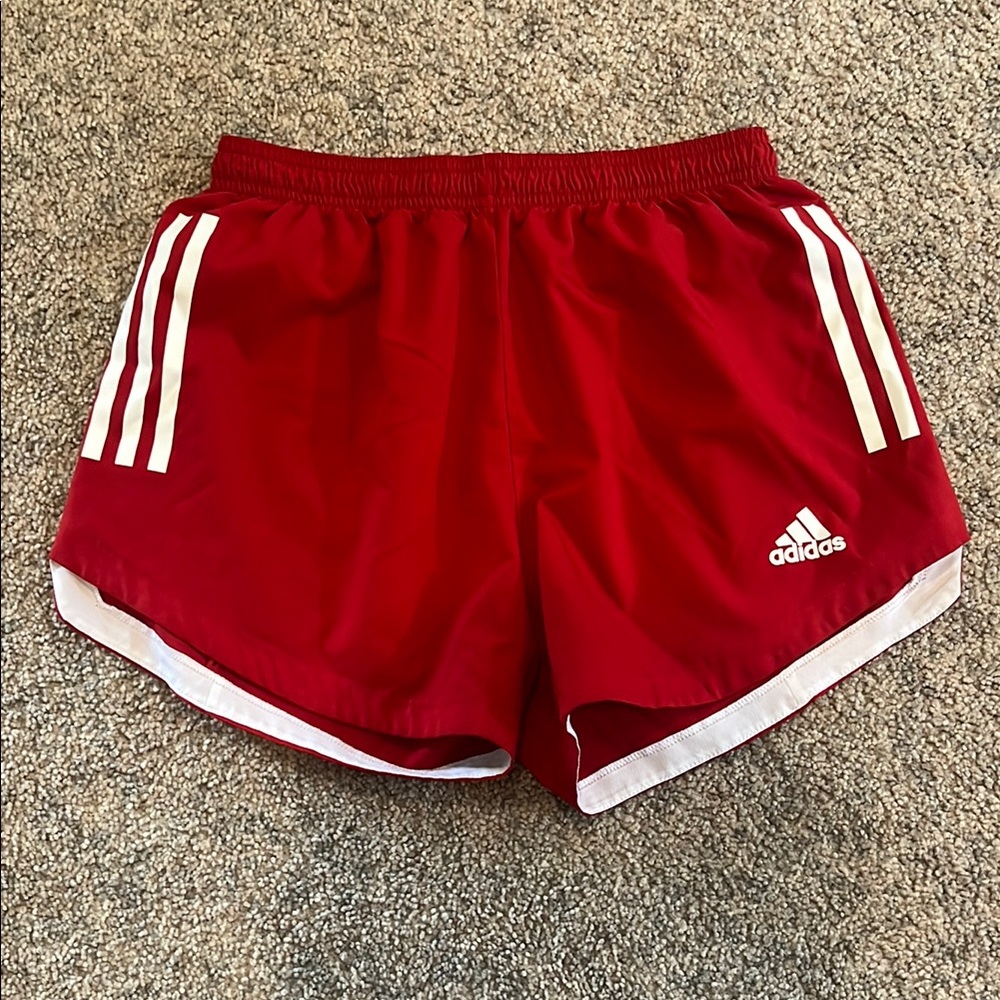 Adidas Red and White Athletic Shorts with Signature Stripes Size: S